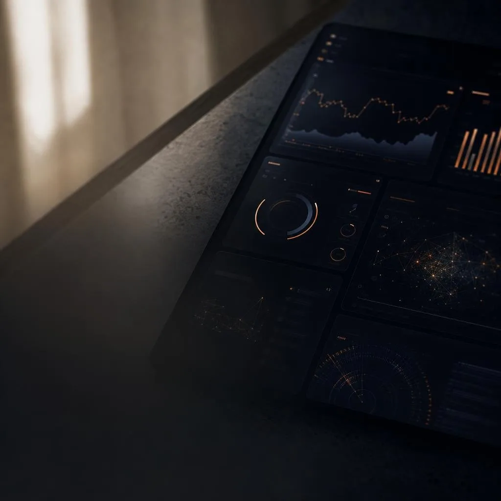 Abstract dark dashboard with glowing data panels